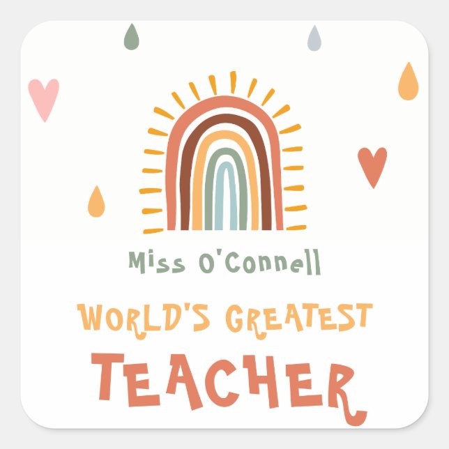 World's Greatest Teacher Gift Boho Rainbow Square Sticker (Front)
