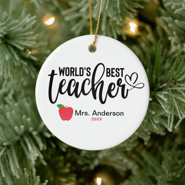 Worlds Greatest Teacher Glitter Apple Personalised Ceramic Tree Decoration (Tree)