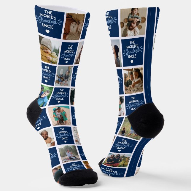 World's Greatest Uncle Blue Photo Collage Socks (Angled)