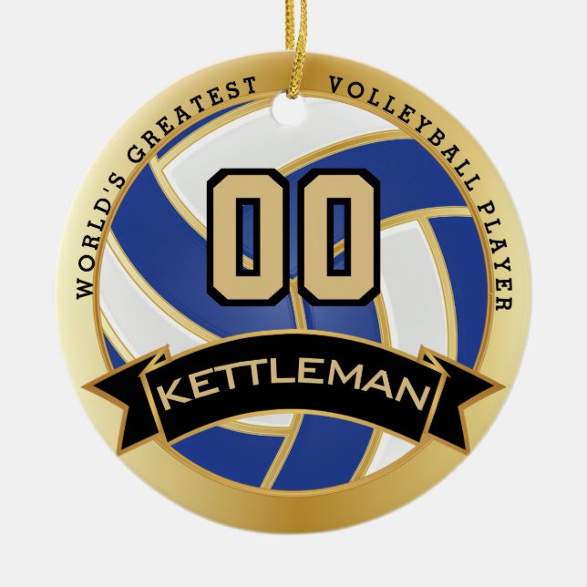 World's Greatest Volleyball Player Blue and White Ceramic Tree Decoration (Front)