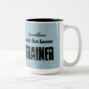 World's Most Awesome TRAINER Blue Grunge V14 Two-Tone Coffee Mug
