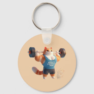 World's Strongest Mom Cute Gym Cat Keychain