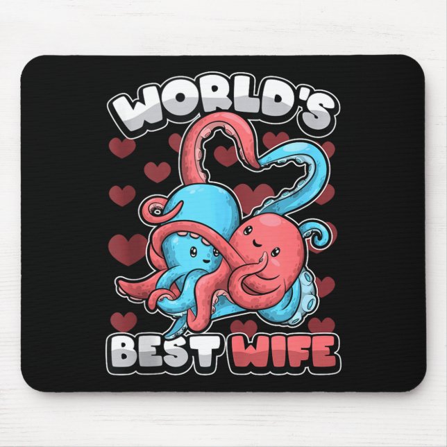World's Wife Cute Kawaii Octopus Heart Cute Couple Mouse Mat (Front)