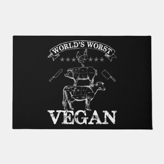 Worlds Worst Vegan Meat  BBQ Chicken Pig Cow Doormat (Front)