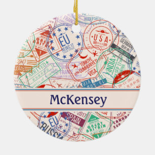 Worldwide Travel Labels All Over Pattern Ceramic Tree Decoration