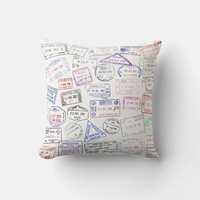 Worldwide visa passport stamps on a throw pillow (Front)
