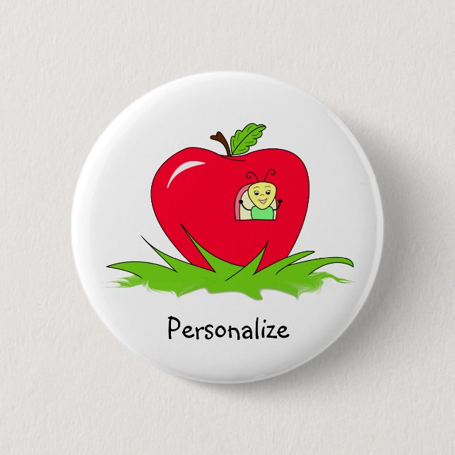 Worm In Red Apple With Name 6 Cm Round Badge (Front)