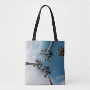 Worms eyeview photography of coconut trees tote bag