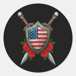 Worn American Flag Shield and Swords with Roses Classic Round Sticker