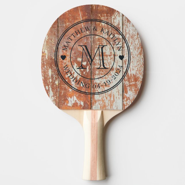 Worn Barn Wood Wedding Monogram Heart Ping Pong Paddle (Front)