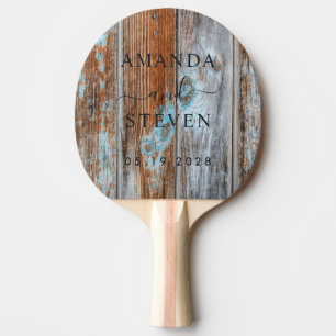 Worn Blue Wash Wood Couple Names with Wedding Date Ping Pong Paddle