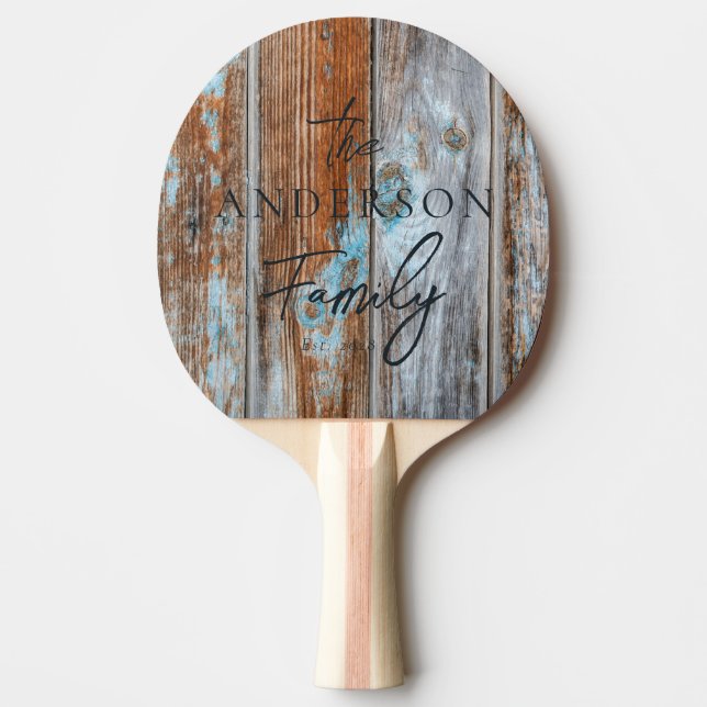 Worn Blue Wash Wood Hand Written Family Name Ping Pong Paddle (Front)