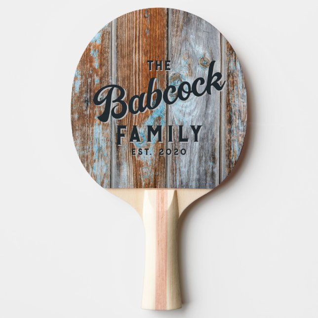 Worn Blue Wash Wood Retro Family Name & Year Ping Pong Paddle (Front)
