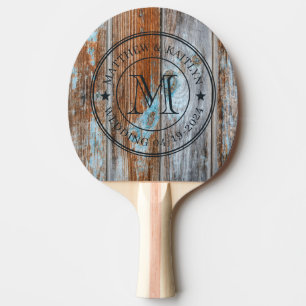 Worn Blue Wash Wood Wedding Monogram Star Ping Pong Paddle