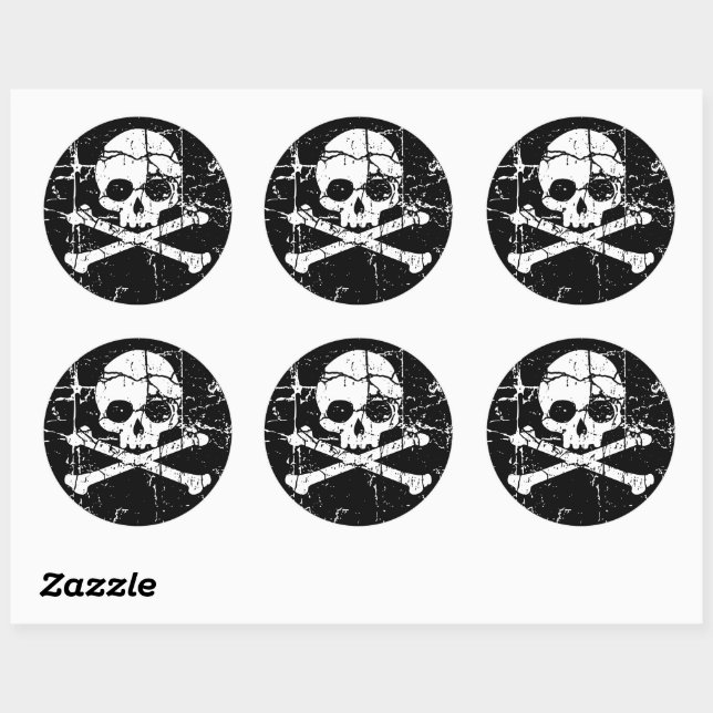 Worn Cracked Skull and Crossbones Classic Round Sticker (Sheet)
