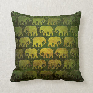Worn Elephant Silhouettes Pattern, green Cushion
