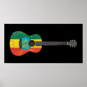Worn Ethiopian Flag Acoustic Guitar, black Poster