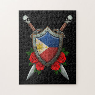 Worn Filipino Flag Shield and Swords with Roses Jigsaw Puzzle