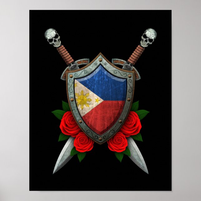 Worn Filipino Flag Shield and Swords with Roses Poster (Front)