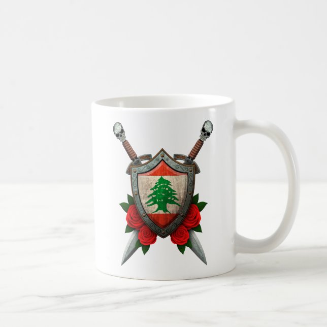 Worn Lebanese Flag Shield and Swords with Roses Coffee Mug (Right)