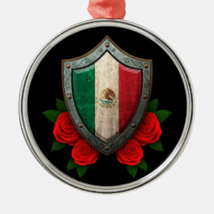 Worn Mexican Flag Shield with Red Roses Metal Tree Decoration