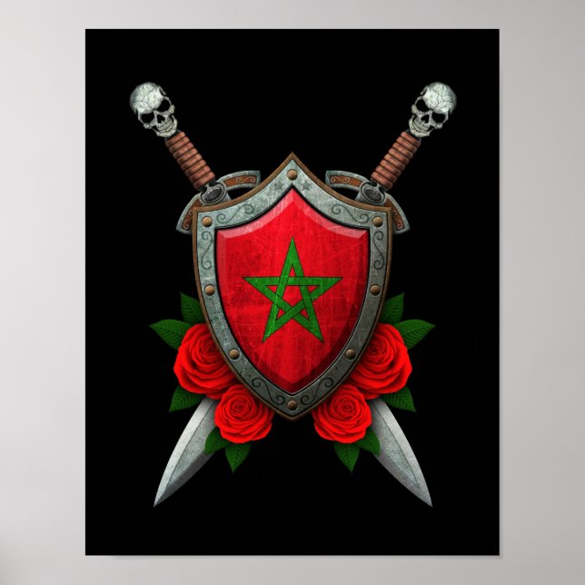 Worn Moroccan Flag Shield and Swords with Roses Poster (Front)