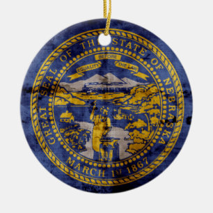 Worn Nebraska Flag; Ceramic Tree Decoration