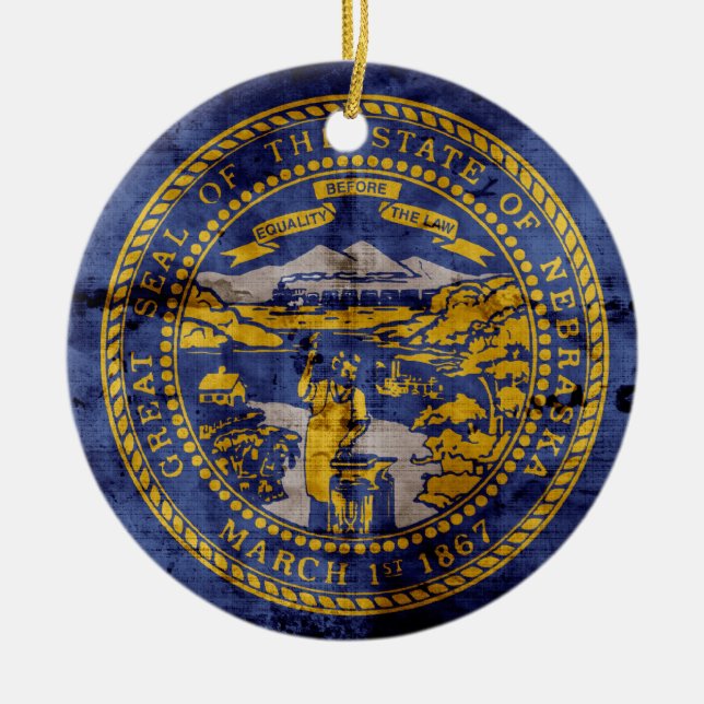 Worn Nebraska Flag; Ceramic Tree Decoration (Front)
