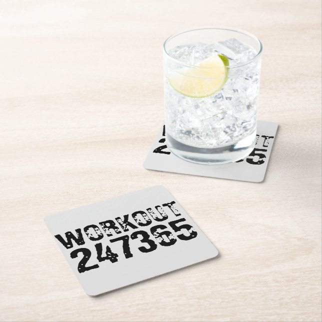 Worn out and scratched text Workout 247365 black Square Paper Coaster (Insitu)