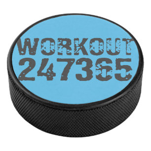 Worn out and scratched text Workout 247365 blue Hockey Puck