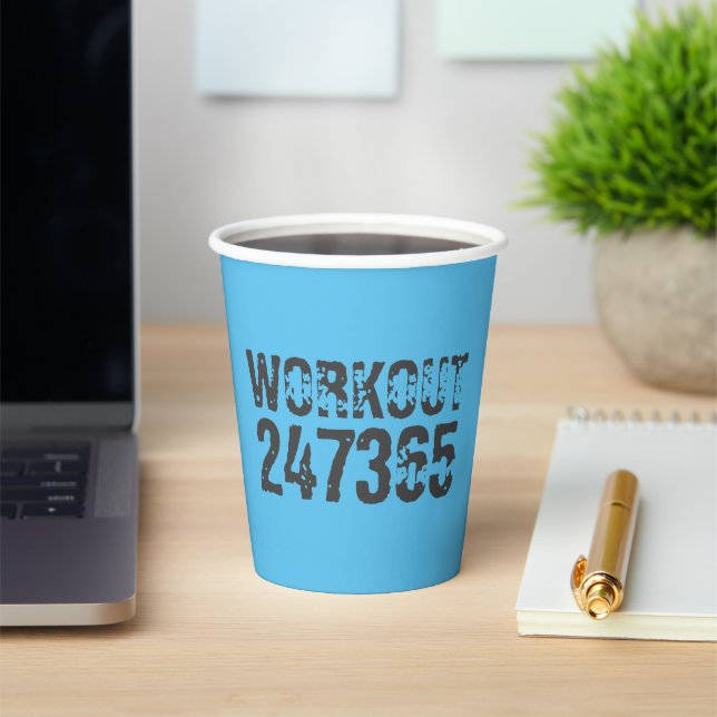 Worn out and scratched text Workout 247365 blue Paper Cups (Insitu)