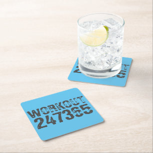 Worn out and scratched text Workout 247365 blue Square Paper Coaster