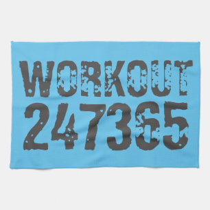 Worn out and scratched text Workout 247365 blue Tea Towel