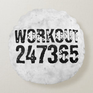 Worn out and scratched text Workout 247365 rustic Round Cushion