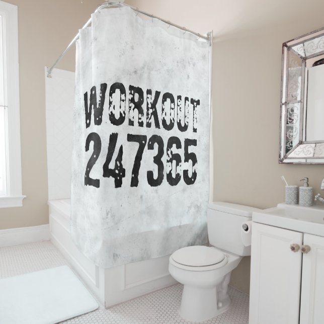 Worn out and scratched text Workout 247365 rustic Shower Curtain (In Situ)