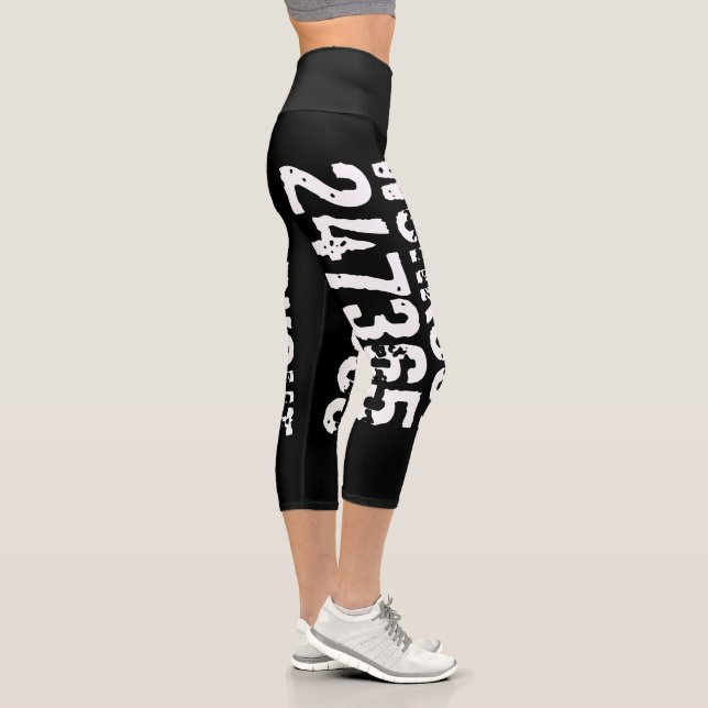 Worn out and scratched text Workout 247365 white Capri Leggings (Right)