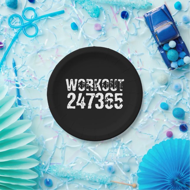Worn out and scratched text Workout 247365 white Paper Plate (Party)