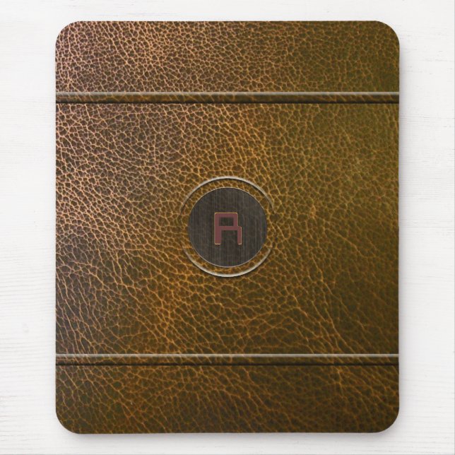 Worn Out Brown Leather Look-Custom Initial Mouse Mat (Front)