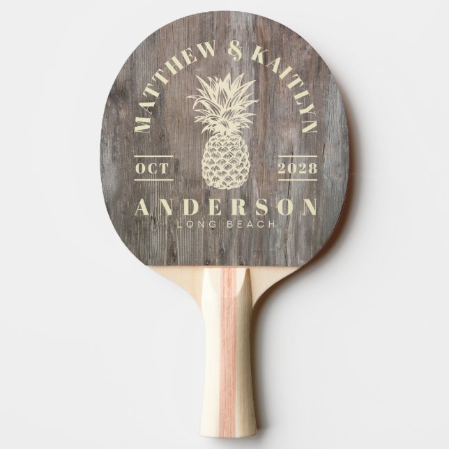 Worn Planks Tropical Pineapple Wedding Ping Pong Paddle (Back)