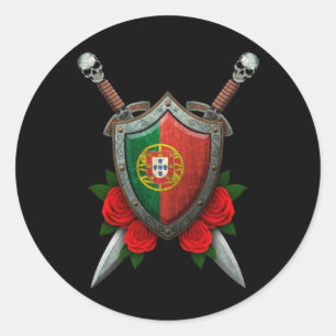 Worn Portuguese Flag Shield and Swords with Roses Classic Round Sticker