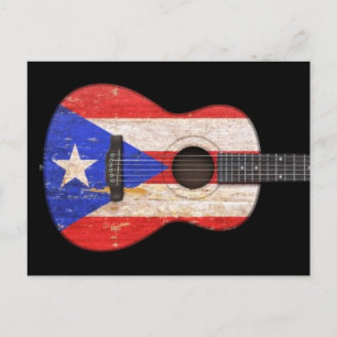 Worn Puerto Rico Flag Acoustic Guitar, black Postcard