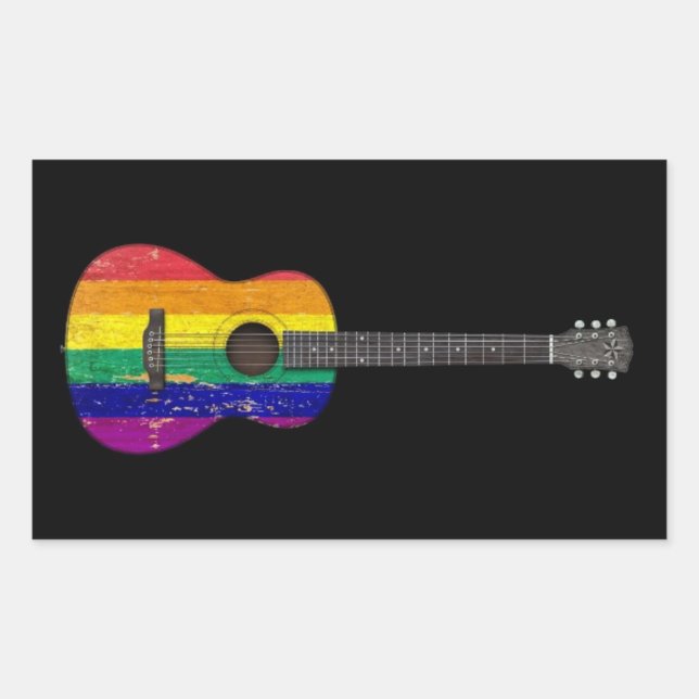 Worn Rainbow Gay Pride Flag Acoustic Guitar, black Rectangular Sticker (Front)