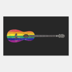 Worn Rainbow Gay Pride Flag Acoustic Guitar, black Rectangular Sticker