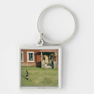 Worn red house with a cat on the lawn. key ring