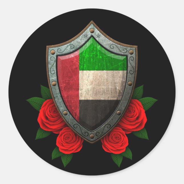 Worn United Arab Emirates Flag Shield with Roses Classic Round Sticker (Front)