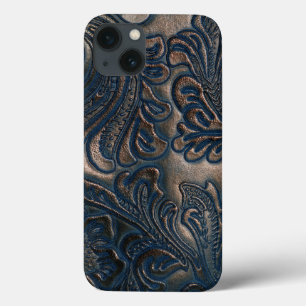 Worn Vintage Embossed Dark Brown Leather iPhone 13 Case