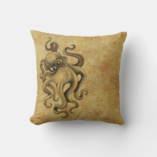 Worn Vintage Octopus Illustration Cushion (Front)