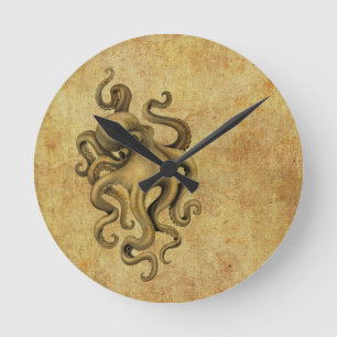 Worn Vintage Octopus Illustration Round Clock
