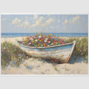 Worn Wood Boat with Wildflowers Decoupage Tissue Paper