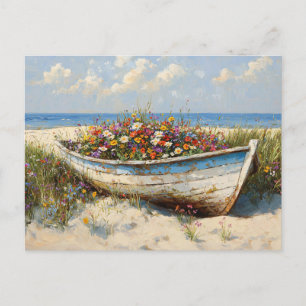 Worn Wood Boat with Wildflowers Postcard